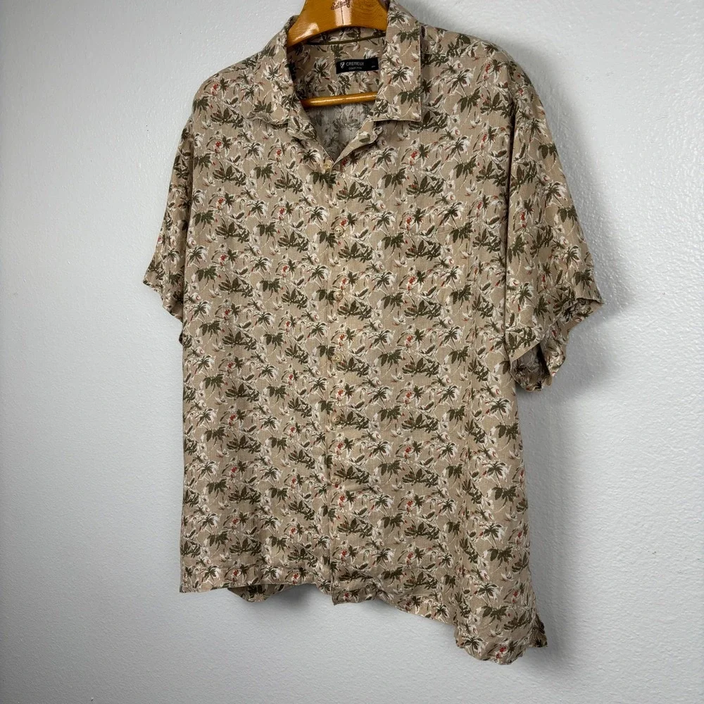 Cremieux 100% Linen Hawaiian Camp Shirt XXL Beige Tropical Palm Print